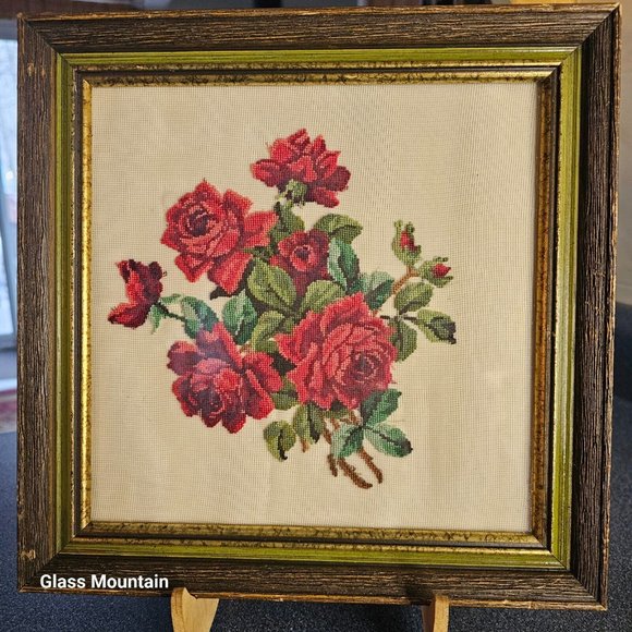 SOLD - Vintage Needlepoint Floral Roses 10X10 Framed Hanging Wall Artwork - Picture 1 of 8